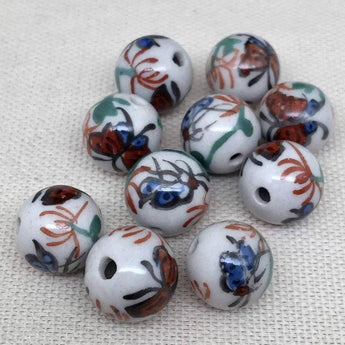 10 Vintage White Floral Butterfly Round Porcelain Beads