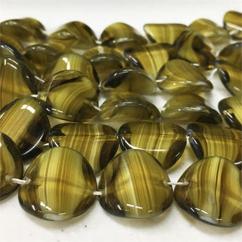 6 Vintage German Golden Olivine Striped Wavy Coin Glass Beads #9404