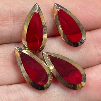 4 Vintage Red Glass Pendants Gold Trim  #8596