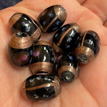 8 Vintage Black Floral Aventurine Oval Glass Beads