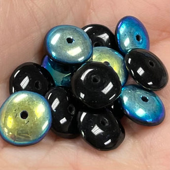 25 Vintage Czech AB Black Rondelle Glass Beads #8224