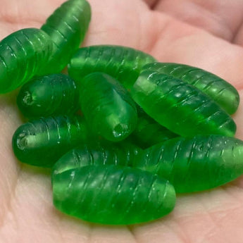 12 Vintage Frosted Green Spiral Oval Glass Beads #4671