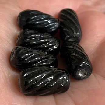 6 Vintage Black Spiral Tube Glass Beads #200242