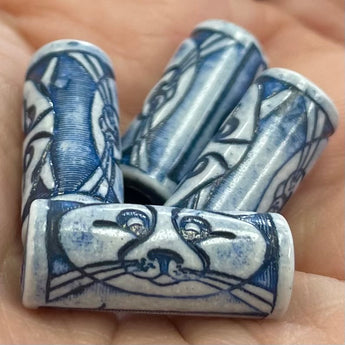 4 Vintage Cat Porcelain Cylindrical Beads