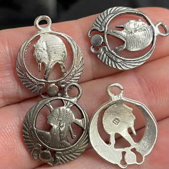 4 Vintage Silver Plated Round Egyptian Metal Charms