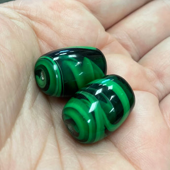 2 Vintage Japan Large Green Striped Barrel Glass Beads #9645