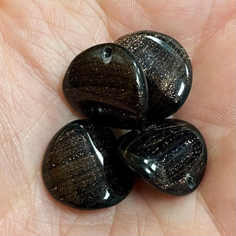 4 Vintage Black Aventurine Wavy Coin Glass Beads #9401