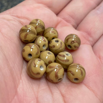 12 Vintage Beige Bronze Feathered Round Glass Beads #6085