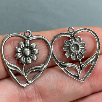 2 Vintage Heart Sunflower Pewter Metal Pendants 25mm