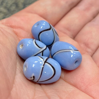 4 Vintage Japan Striped Blue Barrel Glass Beads #9208