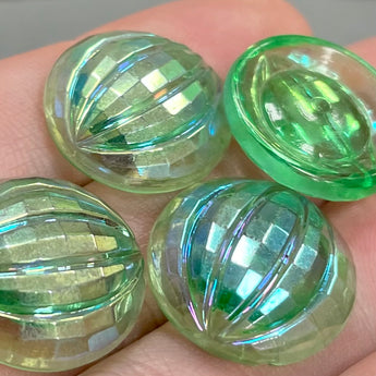 4 Vintage Iridescent Green Ribbed German Round Glass Stones