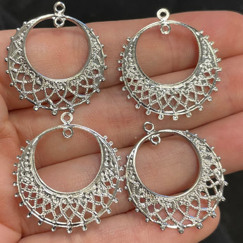 4 Vintage Silver Lace Filigree Metal Pendants #7033