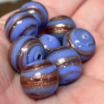 8 Vintage Periwinkle Striped Round Glass Beads #6032