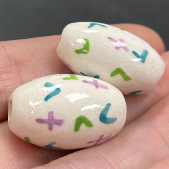 2 Vintage White Abstract Oval Porcelain Beads