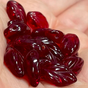 20 Vintage Red German Leaf Glass Beads