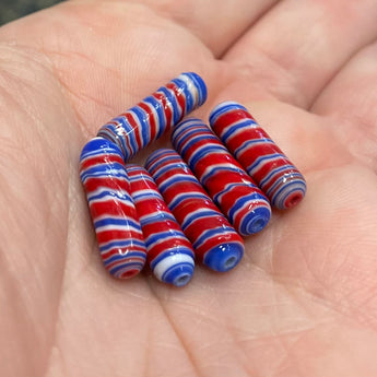 6 Vintage Japan Red White Blue Striped Tube Glass Beads #8622