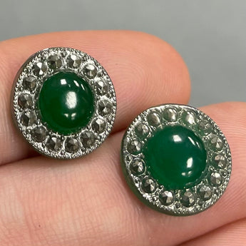 2 Vintage Jadeite Green Silver Glass Cabochons #8606