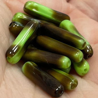 12 Vintage RARE Italian Green Brown Tube Glass Beads #8377