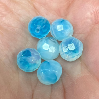 6 Vintage German Opal White Turquoise Givre Faceted Glass Beads #9141