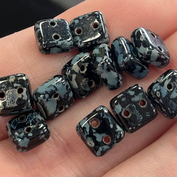 25 Black Two Hole Chexx Picasso Czech Square Glass Beads