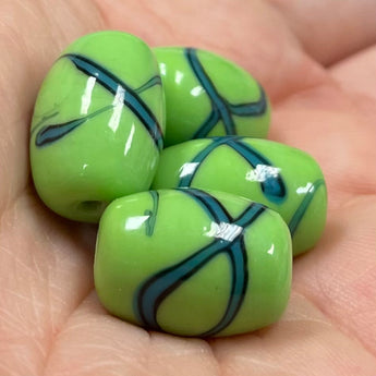 4 Vintage Striped Green Barrel Japan Glass Beads