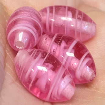 4 Vintage Japan Pink Striped Oval Glass Beads Cherry Brand #8730