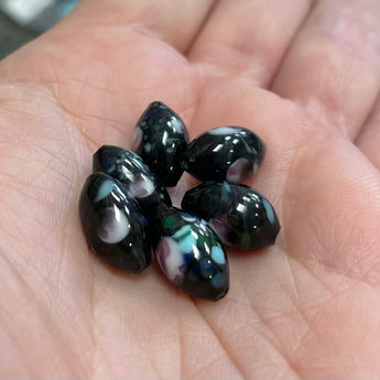 6 Vintage Japan Black Floral Oval Glass Beads #9644