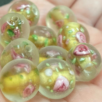 10 Vintage Clear Yellow & Rose Encased Glass Beads