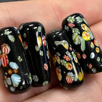 4 Vintage Japan Black Floral Millefiori Tube Glass Beads