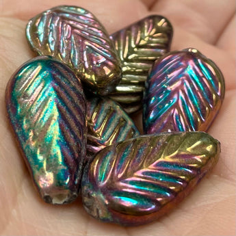 10 Vintage Handmade Metallic Pressed Leaf Glass Beads