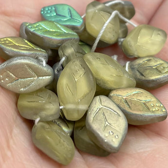 25 Vitrail Matte Light Olive Green Czech Leaf Glass Beads