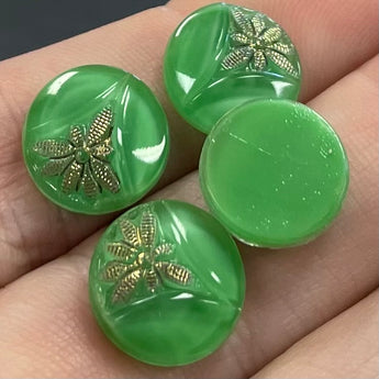 4 Vintage Silky Green Floral Round Glass Cabochons