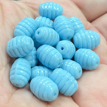 20 Vintage Etched Turquoise Blue Czech Oval Glass Beads