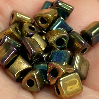 50 Metallic Blue Gold Czech Triangle Glass Beads