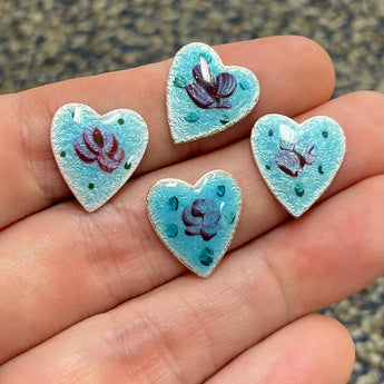 4 Vintage Blue Enameled Floral Hearts #8678