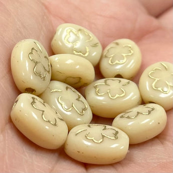 10 Vintage Beige Shamrock Czech Oval Glass Beads