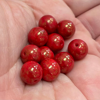 10 Vintage Japan Red Bronze Luster Round Glass Beads #9154