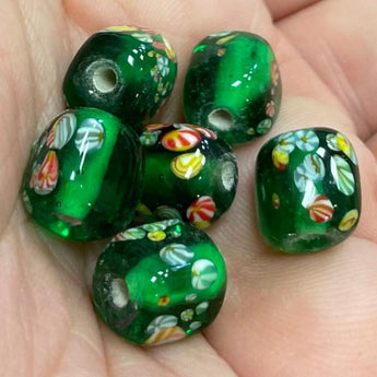 6 Vintage Emerald Green Millefiori Japan Cube Glass Beads