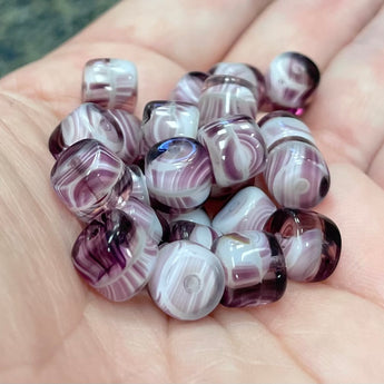 25 Vintage Striped Amethyst Czech Cylindrical Glass Beads #9306