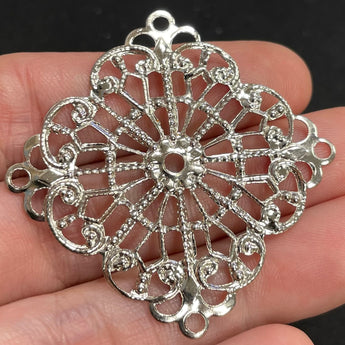 4 Vintage Large Silver Plated Filigree Square Metal Pendants