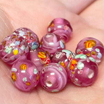 10 Vintage Pink Millefiori Floral Japan Round Lampwork Glass Beads 8mm #8445