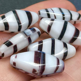 6 Vintage Milky White Striped Black Diamond Glass Beads #8826