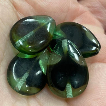 4 Vintage Green Black Flat Teardrop Glass Beads #8979