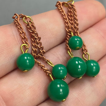 4 Vintage Copper Chain Green Japan Bead Drop Charms