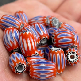 25 Vintage Red Blue Chevron Glass Beads #2710