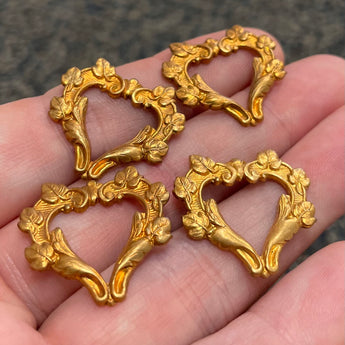 4 Vintage Small Floral Heart Brass Metal Stampings #8958