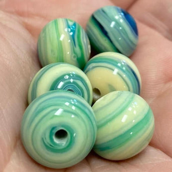 6 Vintage Cream Aqua Blue Green Striped Japan Round Glass Beads