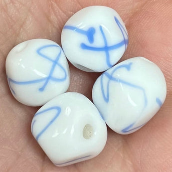 4 Vintage Japan White Blue Ribbon Glass Beads Cherry Brand #1967