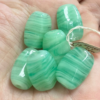 6 Vintage Handmade Green Striped Japan Oval Glass Beads