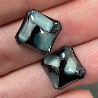 2 Vintage Black Grey Matrix Square Glass Cabochons #9462